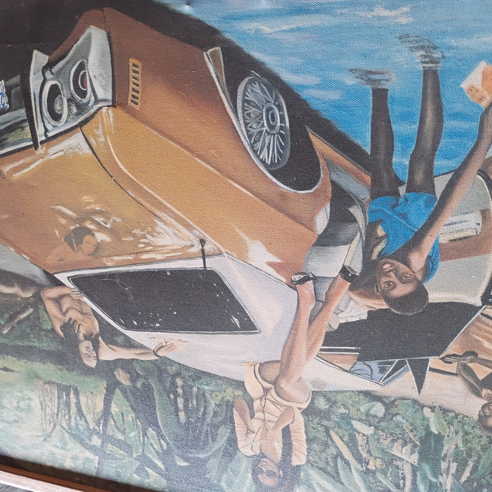 Vintage Car Art Print with Orange and Blue Accents